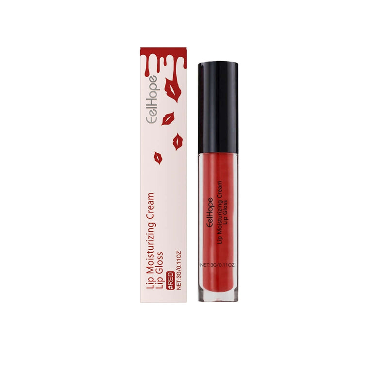 Moisturizing lip gloss in red packaging, featuring vitamin E and hyaluronic acid, size 1.7x1.7x11.7 cm.