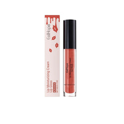 Moisturizing lip gloss in a clear tube with applicator beside a box, ideal for smooth and hydrated lips.