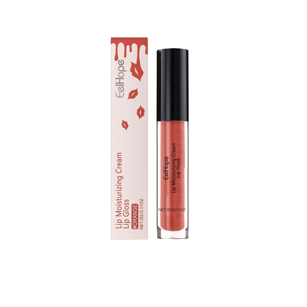 Moisturizing lip gloss in a clear tube with applicator beside a box, ideal for smooth and hydrated lips.