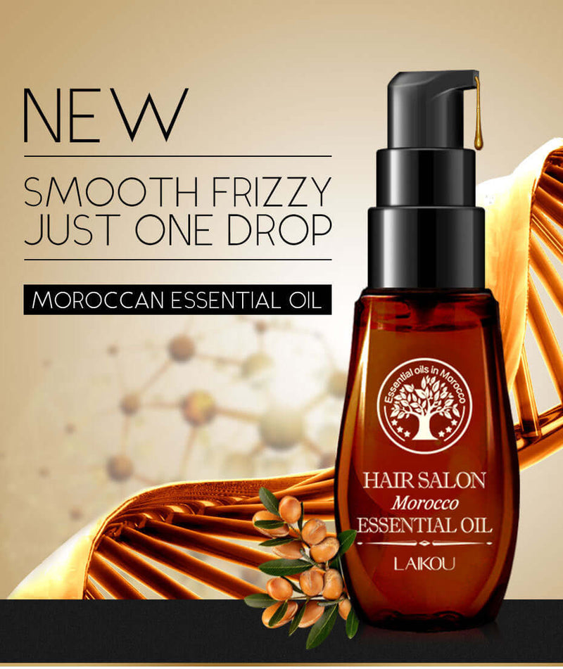 Moroccan essential oil in a pump bottle, promoting smooth, frizz-free hair with just one drop.