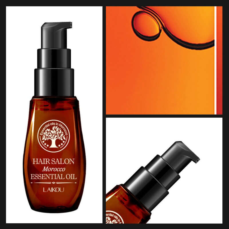 Brown bottle of Morocco essential hair oil by LAKOU with pump top against an orange background.