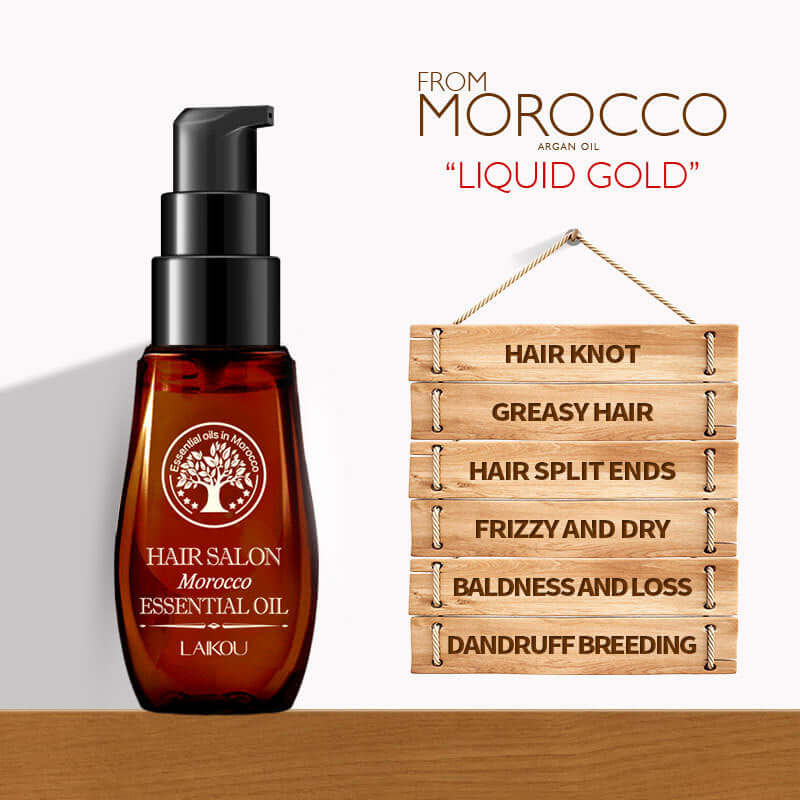 Laikou Moroccan hair oil in a pump bottle labeled "Liquid Gold" with a sign showing hair issues it addresses.