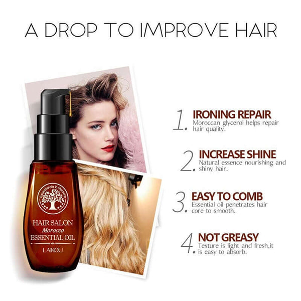 Moroccan hair oil bottle with benefits: ironing repair, shine boost, easy to comb, and non-greasy texture.