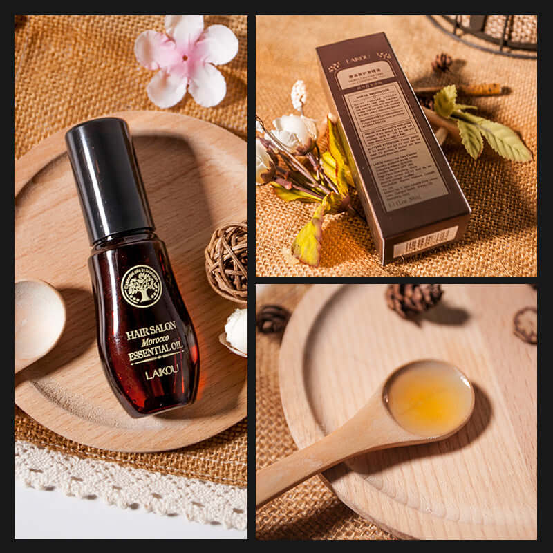 Moroccan hair oil in a stylish bottle on a wooden tray with natural decor elements and packaging.