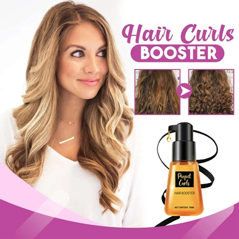 Woman showcasing Hair Curls Booster with before-and-after curls transformation, promoting flexible styling and hydration.