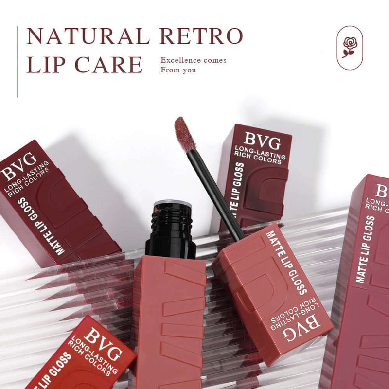 Matte finish lip lacquer set featuring multiple shades, showcasing a lip gloss applicator and stylish packaging.
