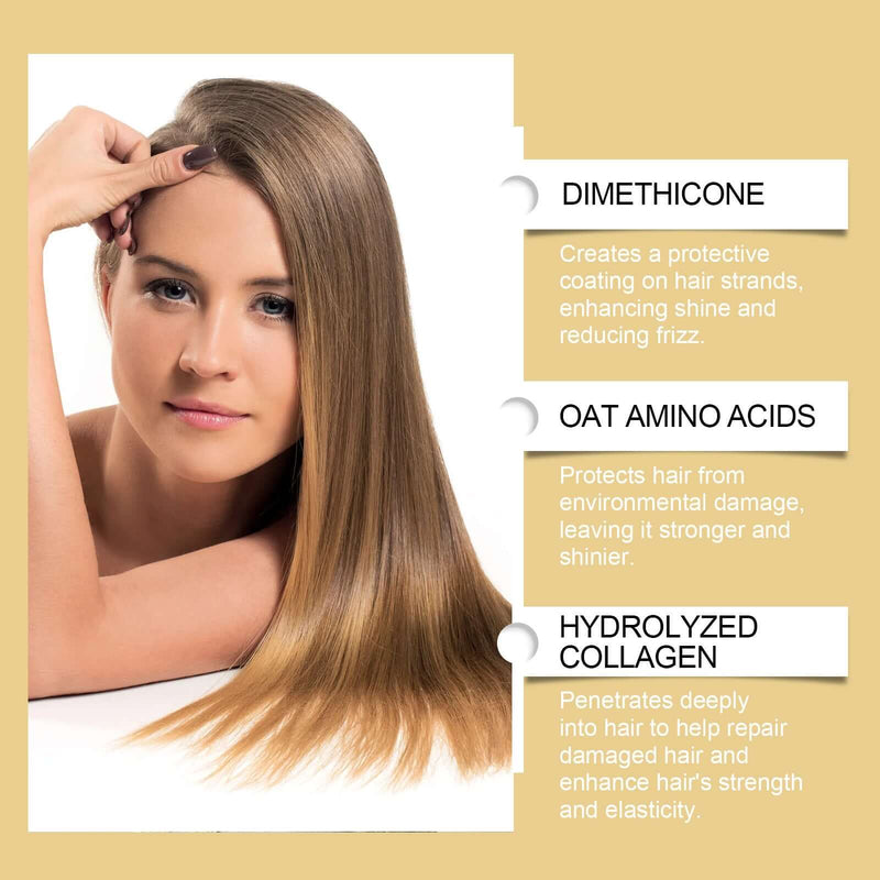 Woman with shiny hair showcasing benefits of dimethicone, oat amino acids, and hydrolyzed collagen in hair care.