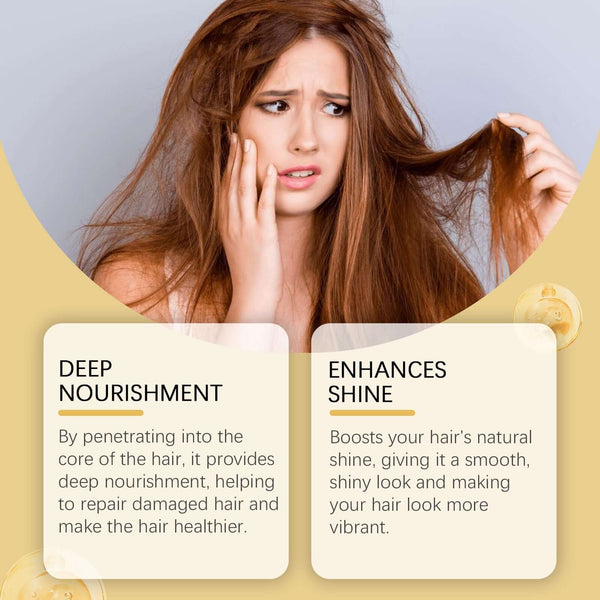 Image showcasing deep nourishment and shine enhancement for healthier hair, with a woman examining her frizzy hair.