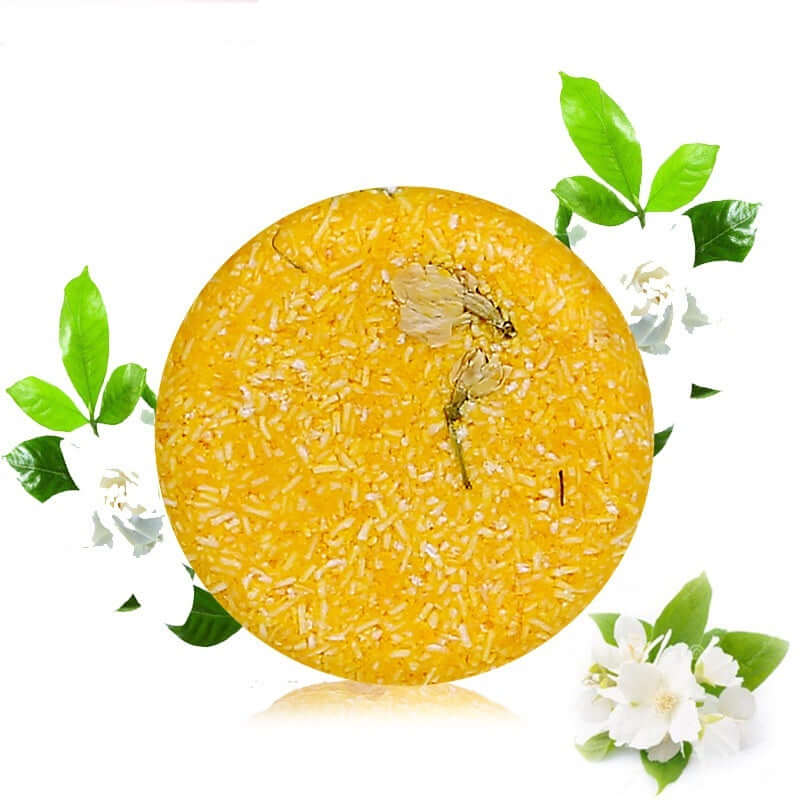 Organic soft shampoo in a circular shape, featuring yellow color and floral accents - perfect for all hair types.