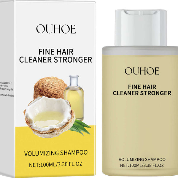 OUHOE Fine Hair Cleaner Stronger Volumizing Shampoo with coconut extract, 100ml bottle for thicker, fuller hair.