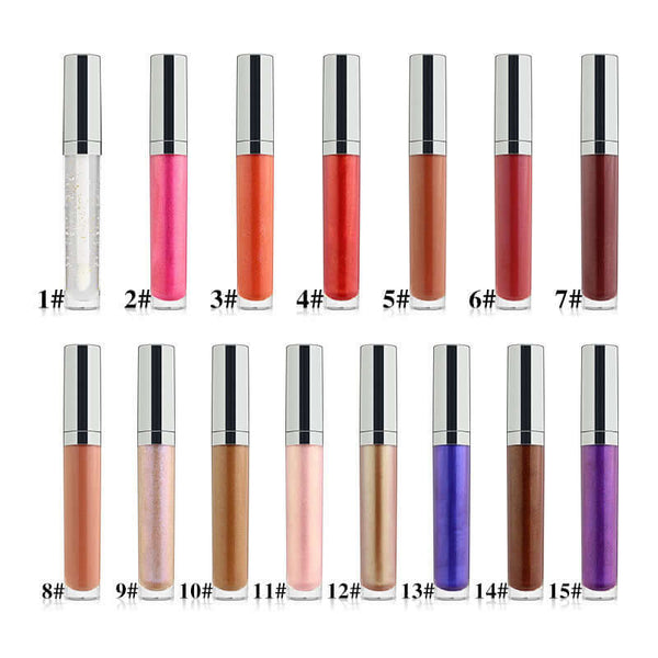 Variety of Pearl Lip Gloss clear oil in round tubes, showcasing shades and numbers 1-15 for every lip look.
