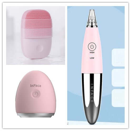 Cleansing instruments set for skin care featuring pink facial brush and beauty device.