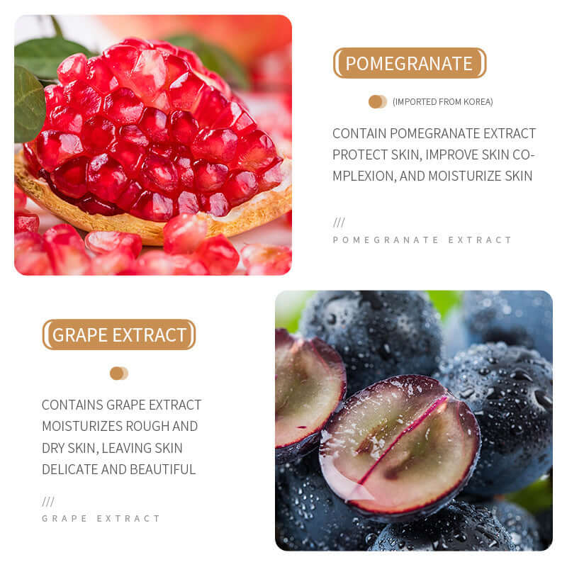 Pomegranate and grape extracts for skin care, moisturizing and improving skin complexion.