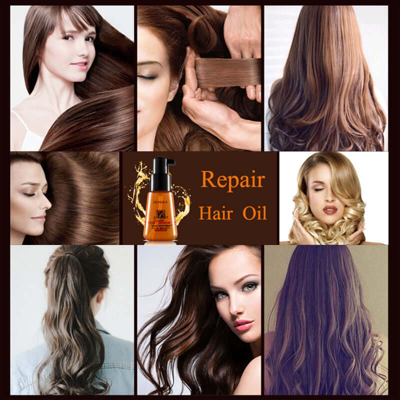 Collage of women showcasing shiny, healthy hair complemented by Poquanya repair hair oil for frizz control and nourishment.