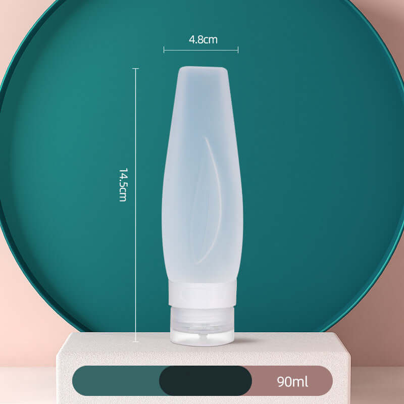 Portable 90ml silicone shampoo bottle dimensions 14.5cm height and 4.8cm width on a stylish green background.
