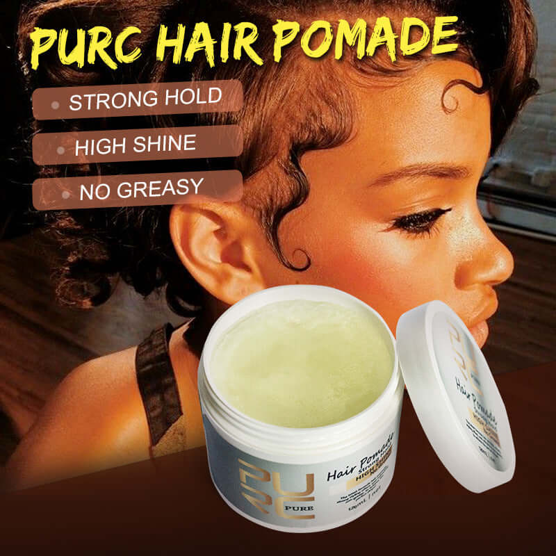 PURC Hair Pomade for strong hold, high shine, and non-greasy styling, shown with a model's hairstyle.