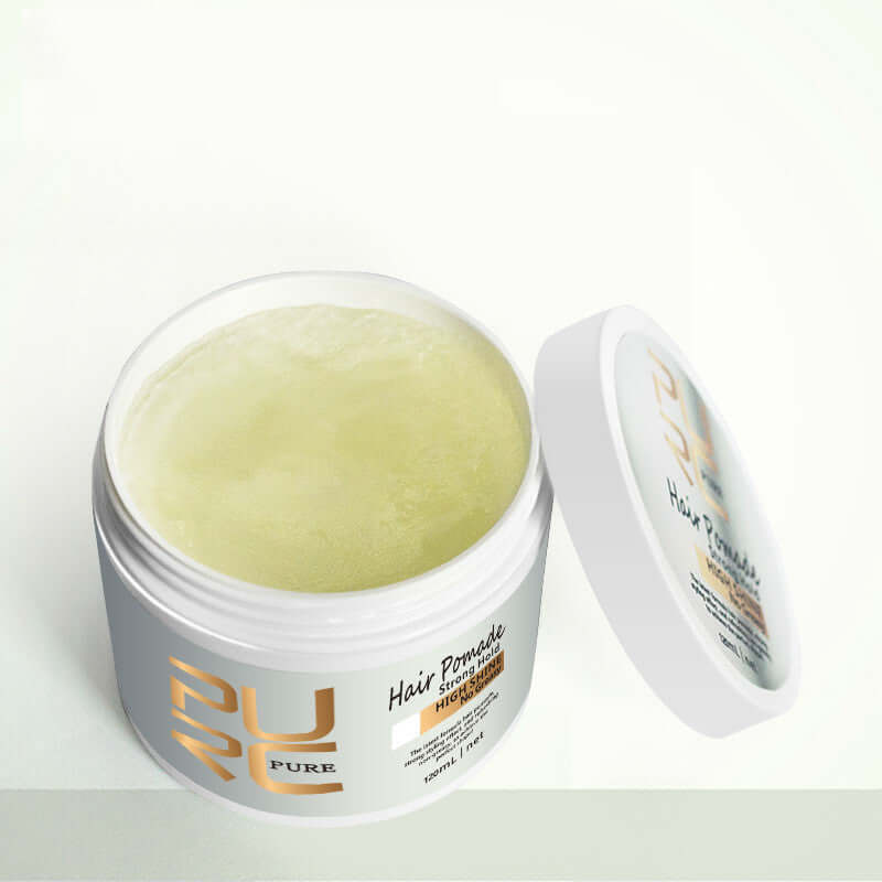 Open jar of Pure Hair Pomade with a light green gel texture, designed for nourishing and styling hair.
