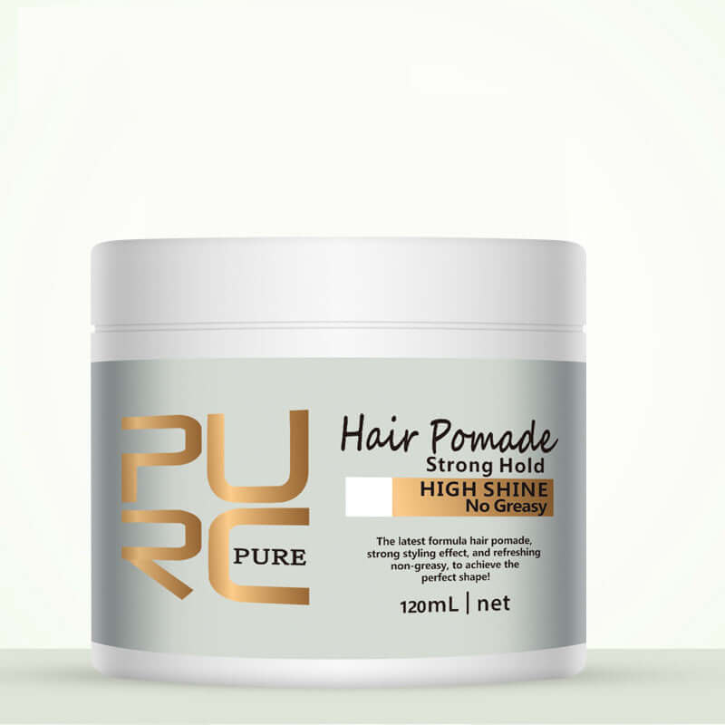 PURE Hair Pomade in a 120ml container, offering strong hold and high shine without greasiness.