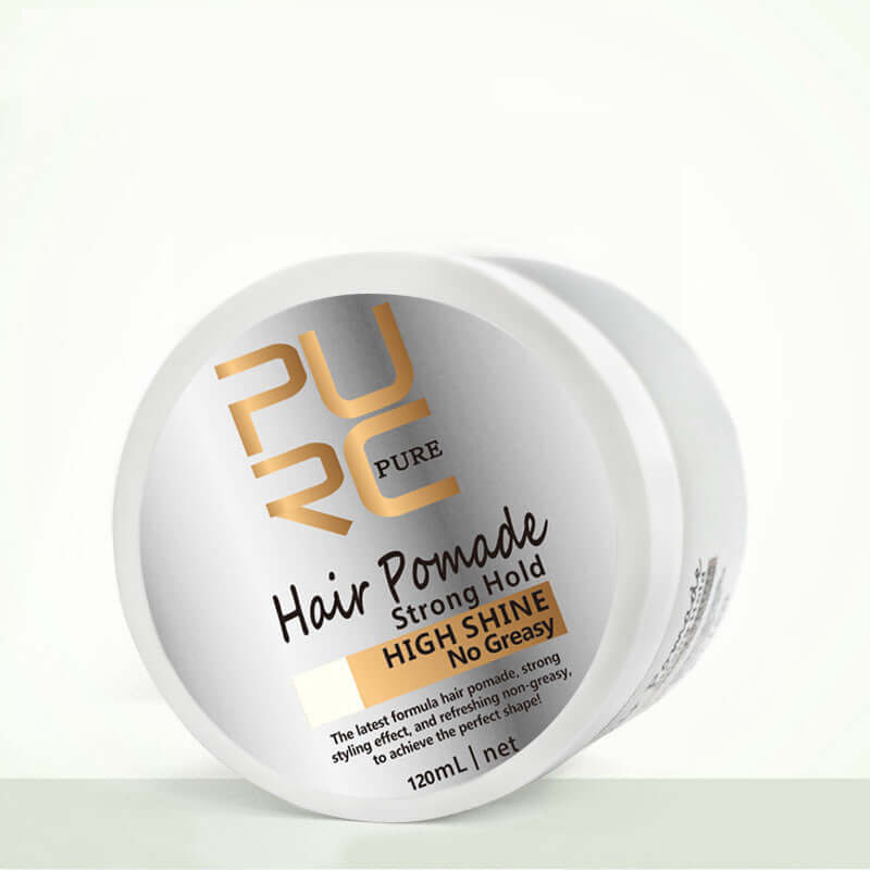 Hair pomade jar with strong hold and high shine, labeled Pure, 120ml container.