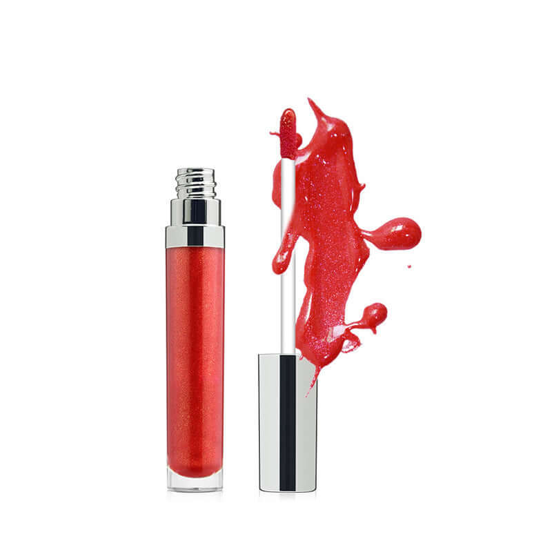 Vibrant red pearl lip gloss in a round tube, featuring a shimmering texture for a glossy finish.