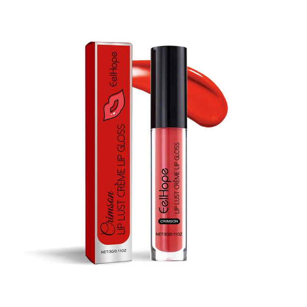 Red waterproof lip gloss in a sleek tube with applicator and vibrant crimson swatch.