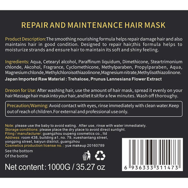 Repair and maintenance hair mask 1000g, moisturizing formula for damaged hair, softens and detangles curls, includes natural ingredients.