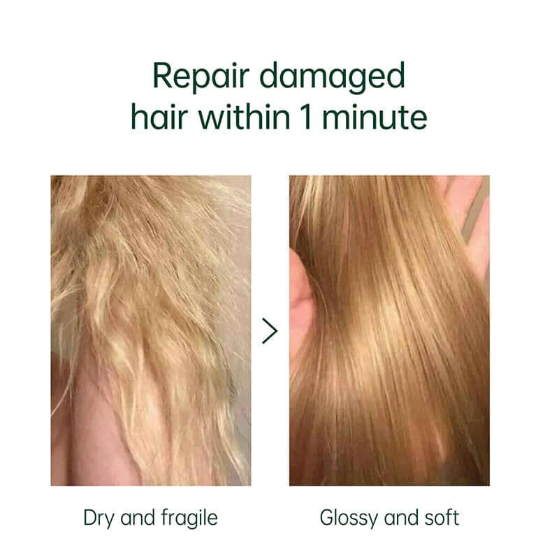 Before and after using Repair Hair Mask showing frizzy hair transformed to glossy and soft in just 1 minute.
