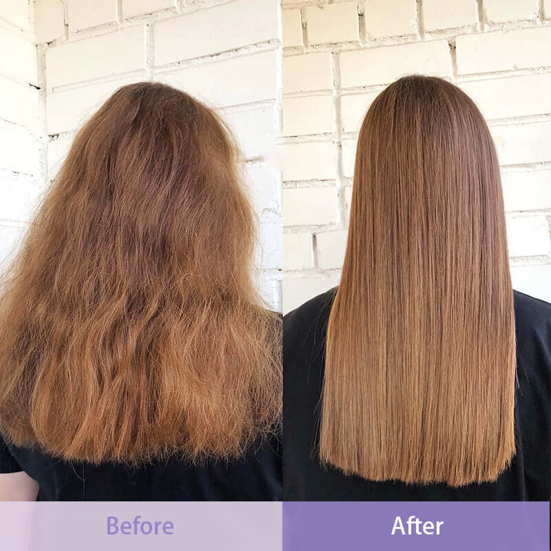 Before and after results showing improved hair smoothness and reduced frizz with Repair Hair Mask Green Energy Keratin.