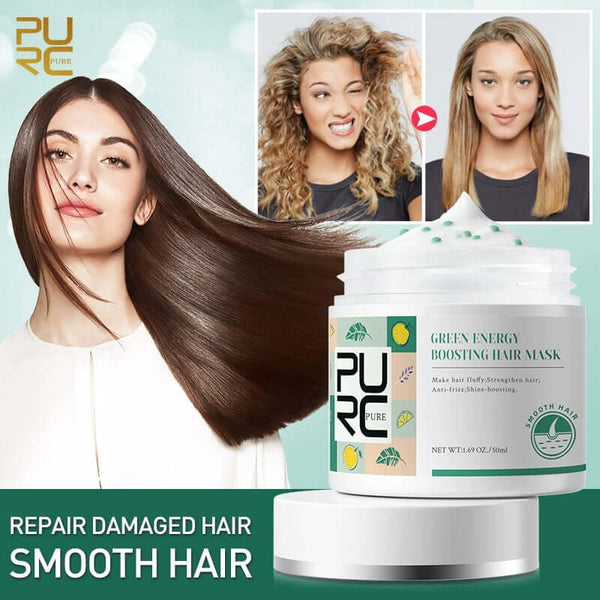 Green Energy Repair Hair Mask for frizz control and smoothness in 50ml, ideal for damaged hair treatment.