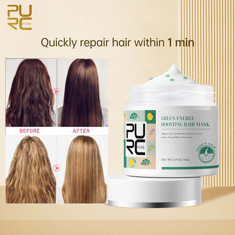 Green Energy Keratin Hair Mask for rapid hair repair; before and after treatment results showcased.