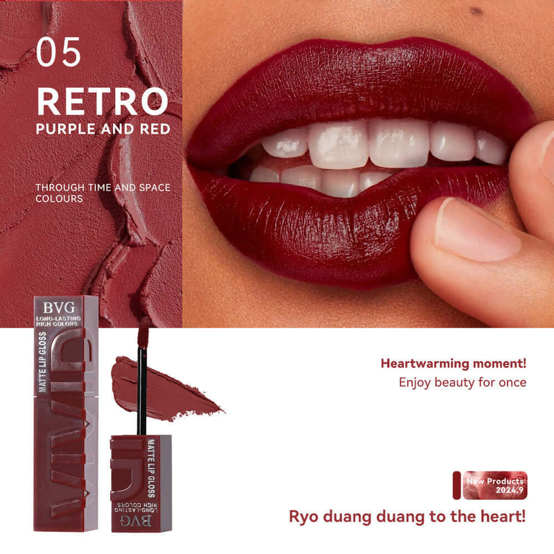 Matte finish lip lacquer in 'Retro Purple and Red', showcasing rich color and glossy finish on lips.