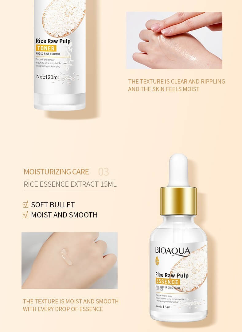 Rice Raw Pulp toner and essence with moisturizing benefits, showcasing clear texture and smooth application.