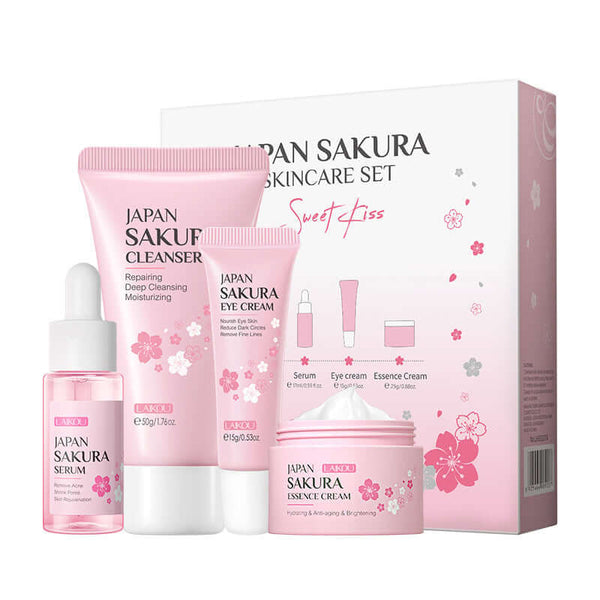 Japan Sakura 4-piece skincare set including cleanser, serum, eye cream, and essence cream for hydrating skin.