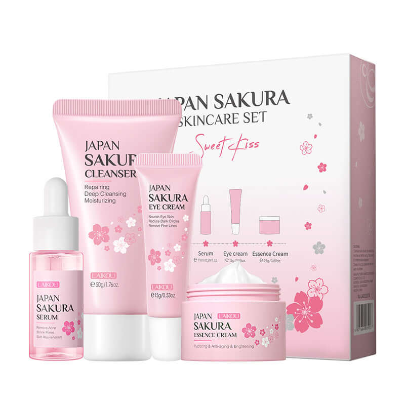 Japan Sakura 4-piece skincare set including cleanser, serum, eye cream, and essence cream for hydrating skin.