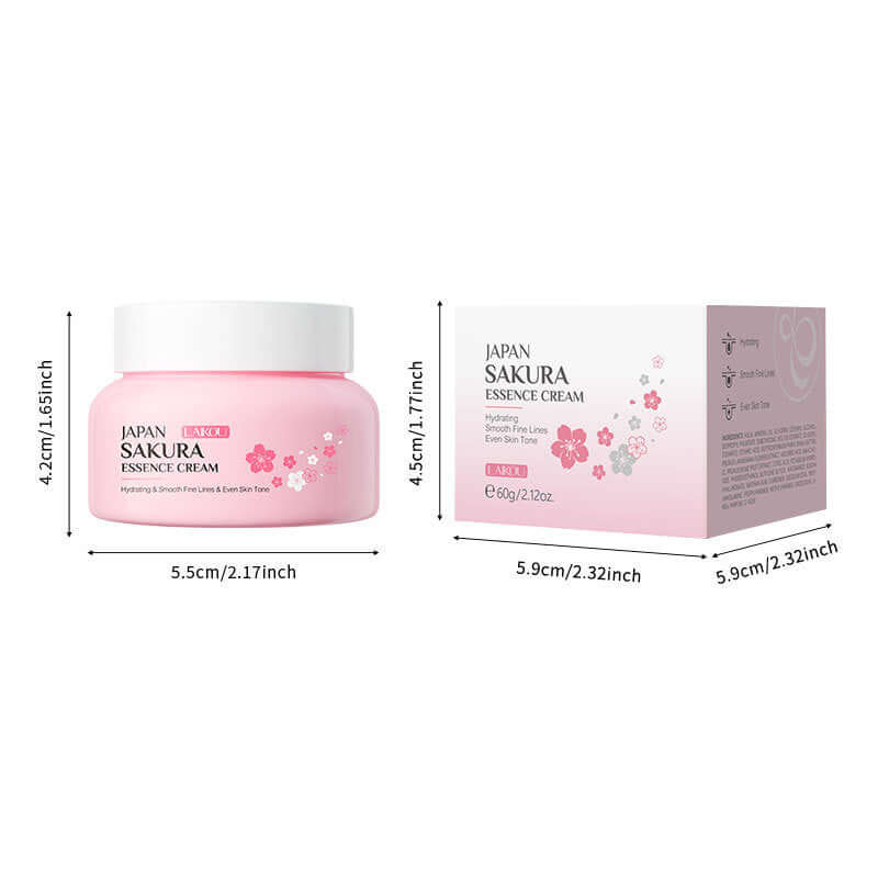 Sakura Essence Cream jar and box packaging showcasing hydrating benefits for universal skin types.