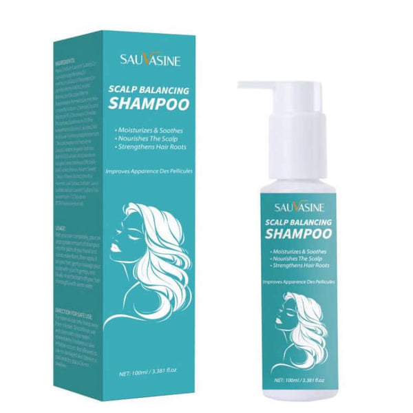 Scalp Balancing Shampoo bottle with blue box, moisturizes and nourishes hair and scalp, improves appearance of dandruff.