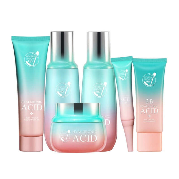 Hyaluronic Acid moisturizing skin care product set including cleanser, cream, lotion, BB cream, and eye cream.