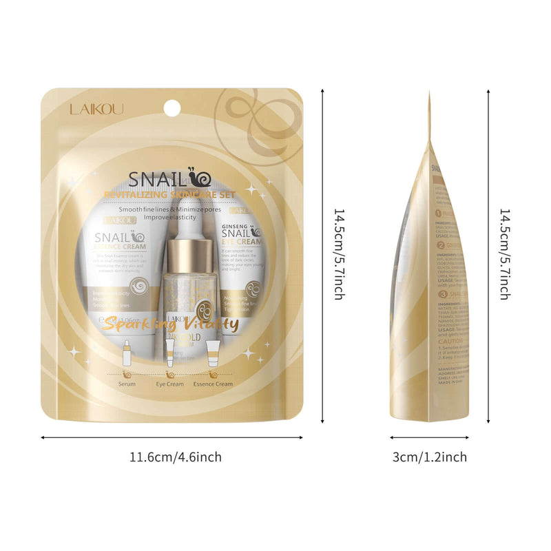 Snail Brightening Skin Care Set, 3-piece facial care kit, revitalizing with eye cream and essence.