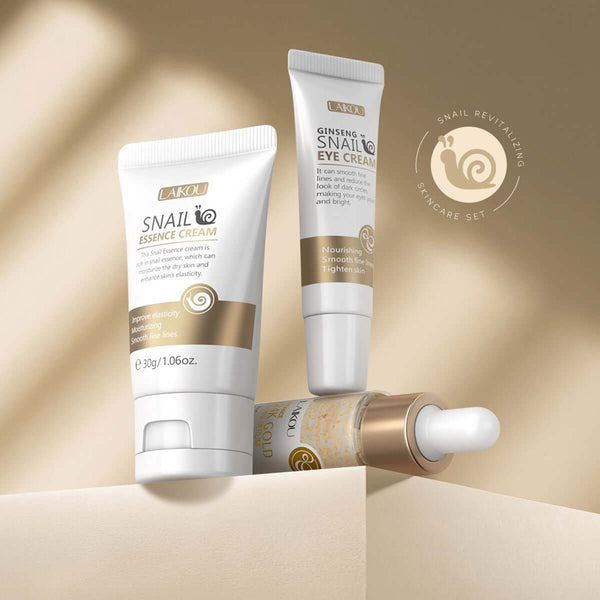 Snail Brightening Skin Care Set featuring essence cream and eye cream for rejuvenating facial care.
