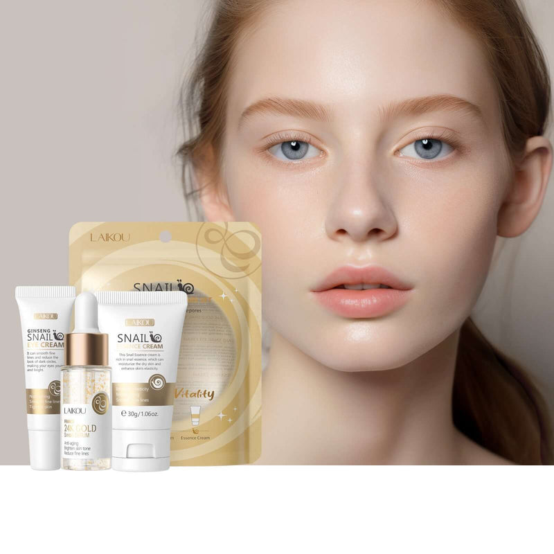 Snail Brightening Skin Care Set featuring 3 facial care products, promoting radiant skin and suitable for all skin types.