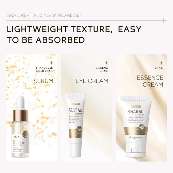 Snail brightening skincare set featuring serum, eye cream, and essence cream with lightweight texture for easy absorption.