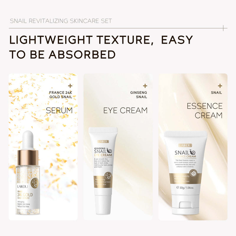 Snail brightening skincare set featuring serum, eye cream, and essence cream with lightweight texture for easy absorption.
