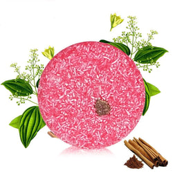 Cinnamon soft shampoo bar with organic ingredients, gentle formula for all hair types, surrounded by plant extracts.