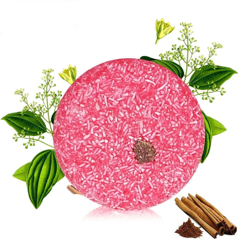 Cinnamon soft shampoo bar with organic ingredients, gentle formula for all hair types, surrounded by plant extracts.