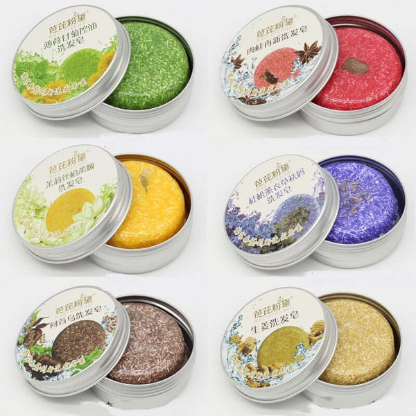 Collection of soft shampoos in colorful tins featuring natural ingredients and various scents for all hair types.