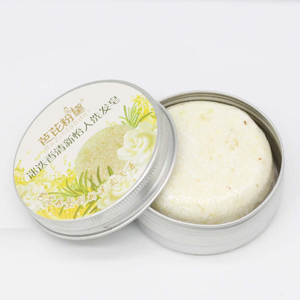 Soft shampoo 60g in a silver tin, featuring organic ingredients for gentle cleansing and deep conditioning.