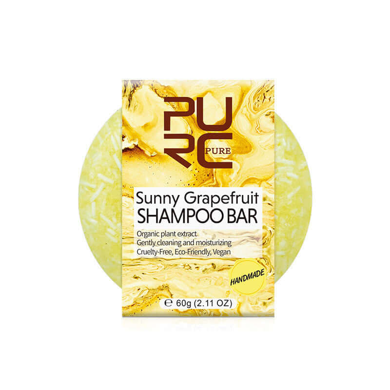 Sunny Grapefruit shampoo bar made with organic plant extracts, providing gentle cleansing and moisturizing benefits.