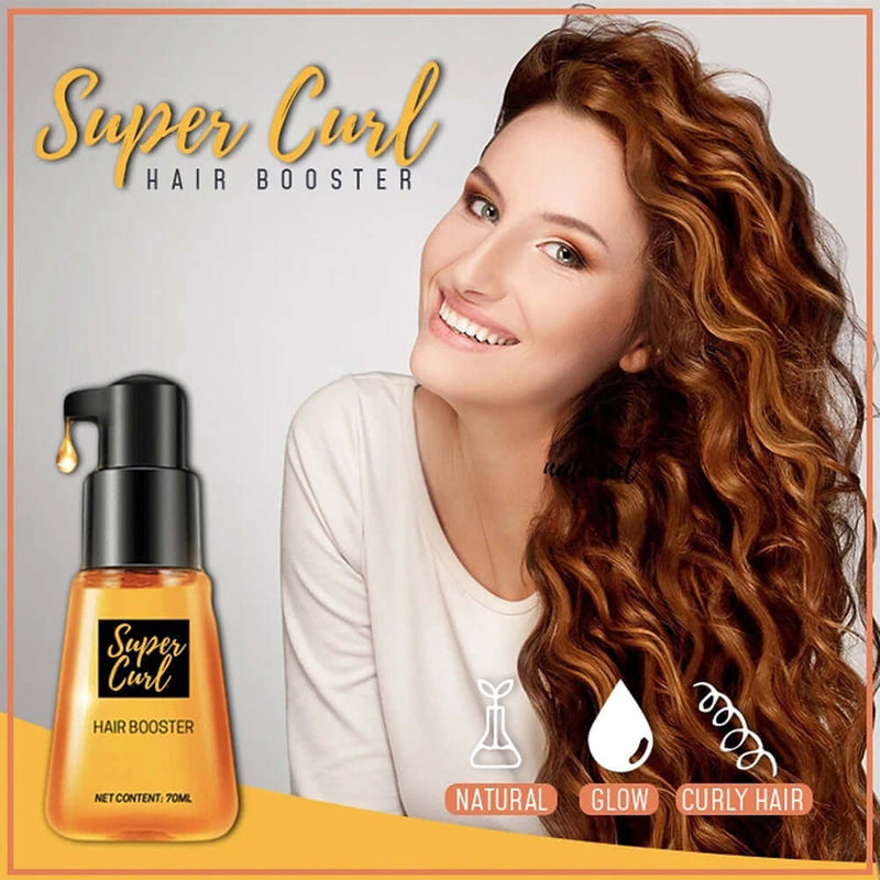 Super Curl Hair Booster with floral fragrance, promoting hydration and styling for natural, glowing curls.