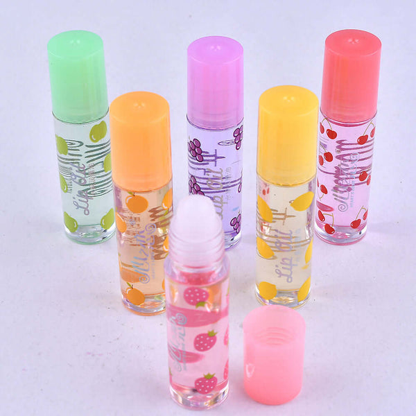 Colorful range of transparent lip glaze gloss bottles, featuring fruity designs and easy-application rollerball tips.