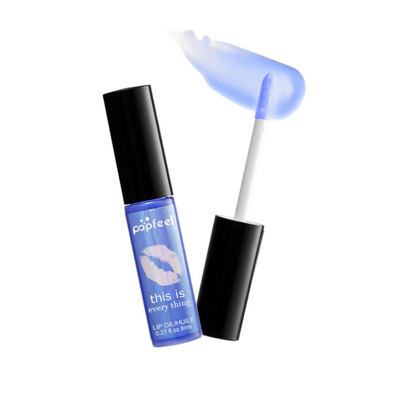 Popfeel transparent lip gloss with multivitamins for nourishment, featuring a blue tint in a sleek tube.